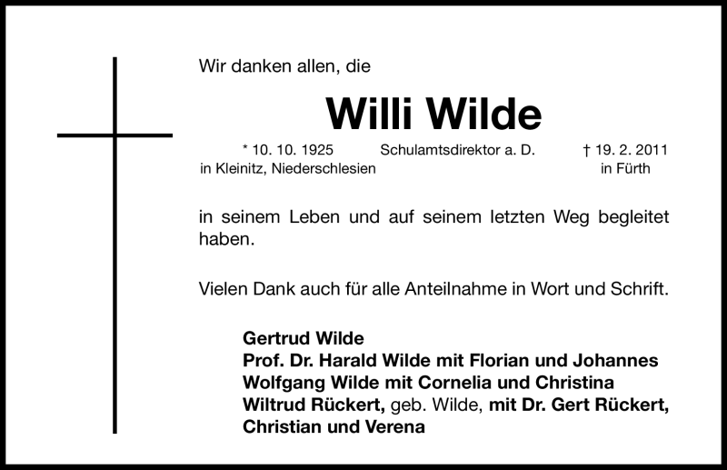  Traueranzeige für Willi Wilde vom 05.03.2011 aus Nürnberger Nachrichten
