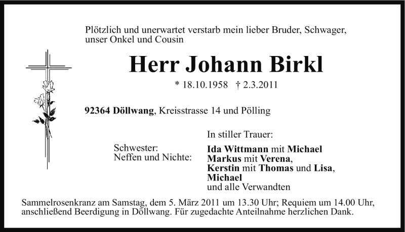  Traueranzeige für Johann Birkl vom 04.03.2011 aus Nürnberger Nachrichten