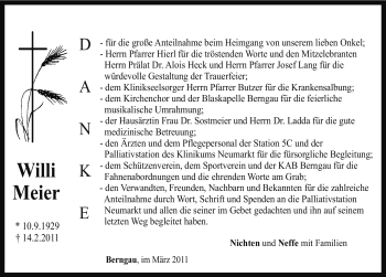 Traueranzeige von Willibald Meier von Nürnberger Nachrichten