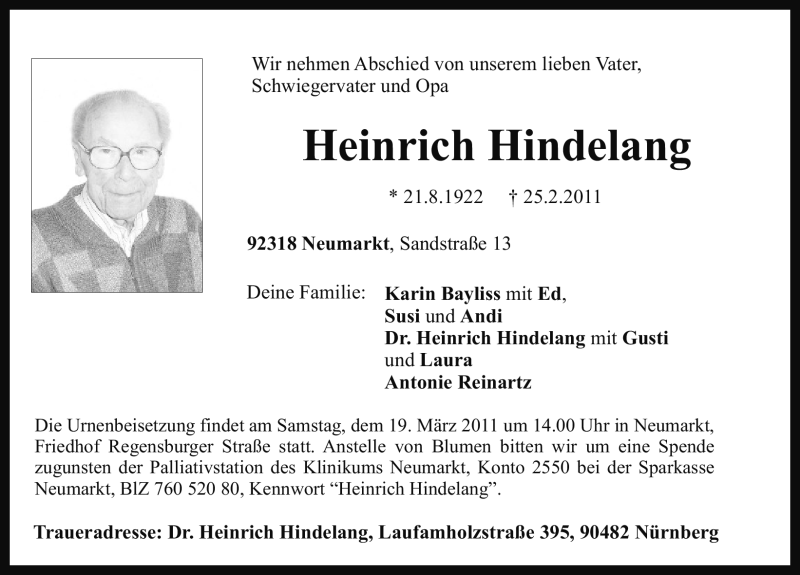  Traueranzeige für Heinrich Hindelang vom 05.03.2011 aus Nürnberger Nachrichten