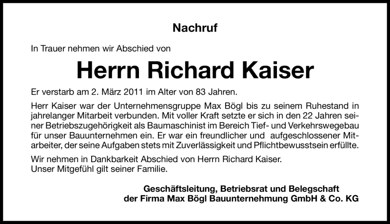  Traueranzeige für Richard Kaiser vom 05.03.2011 aus Nürnberger Nachrichten