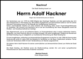 Traueranzeige von Adolf Hackner von Nürnberger Nachrichten
