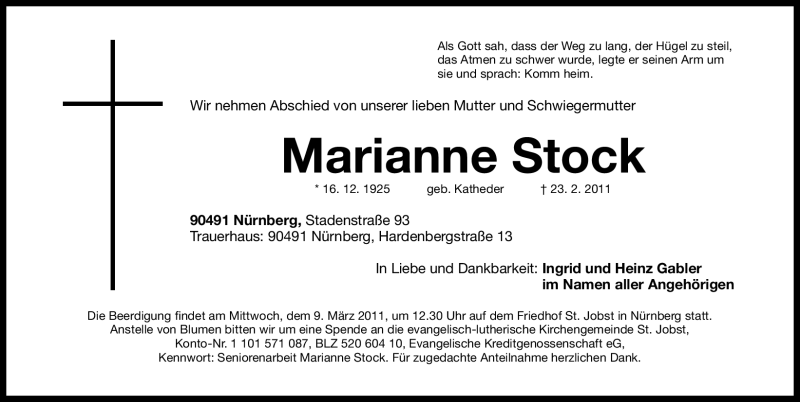  Traueranzeige für Marianne Stock vom 07.03.2011 aus Nürnberger Nachrichten