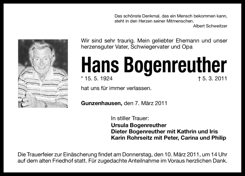  Traueranzeige für Hans Bogenreuther vom 07.03.2011 aus Nürnberger Nachrichten