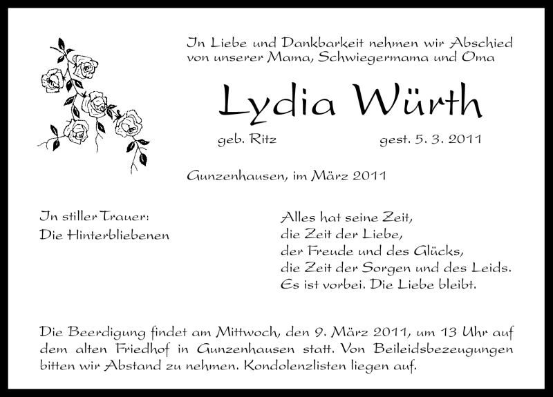 Traueranzeige für Würth Lydia vom 07.03.2011 aus Nürnberger Nachrichten