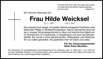 Traueranzeige von Hilde Weicksel von Nürnberger Nachrichten