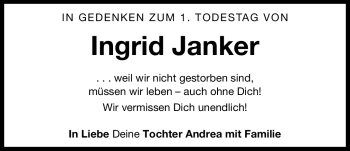 Traueranzeige von Ingrid Janker von Nürnberger Nachrichten