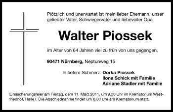 Traueranzeige von Walter Piossek von Nürnberger Nachrichten