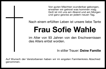 Traueranzeige von Sofie Wahle von Nürnberger Nachrichten