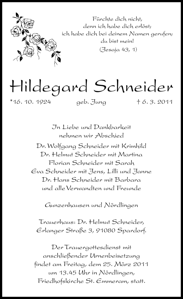  Traueranzeige für Hildegard Schneider vom 22.03.2011 aus Nürnberger Nachrichten