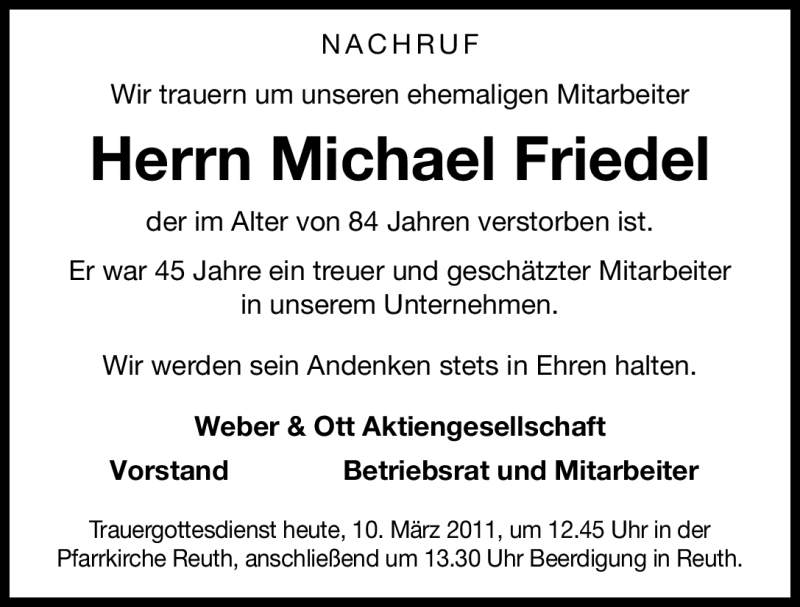  Traueranzeige für Michael Friedel vom 10.03.2011 aus Nürnberger Nachrichten
