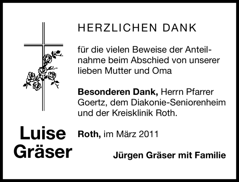  Traueranzeige für Luise Gräser vom 12.03.2011 aus Nürnberger Nachrichten