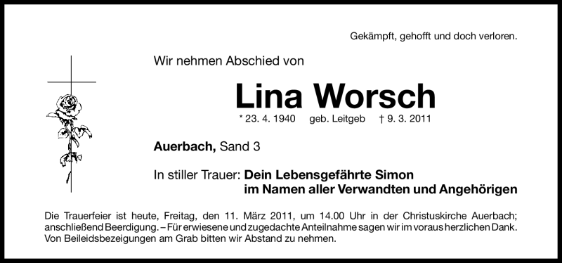  Traueranzeige für Lina Worsch vom 11.03.2011 aus Nürnberger Nachrichten