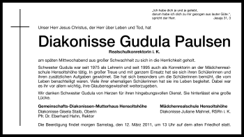 Traueranzeige von Gudula Paulsen von Nürnberger Nachrichten