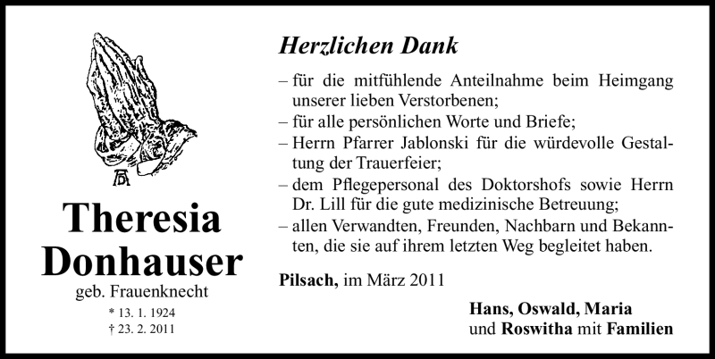  Traueranzeige für Theresia Donhauser vom 12.03.2011 aus Nürnberger Nachrichten