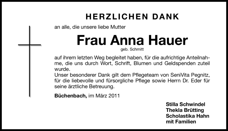  Traueranzeige für Anna Hauer vom 12.03.2011 aus Nürnberger Nachrichten