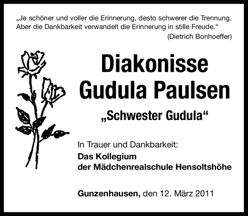  Traueranzeige für Gudula Paulsen vom 12.03.2011 aus Nürnberger Nachrichten