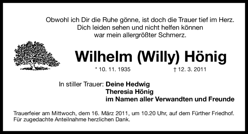  Traueranzeige für Wilhelm Hönig vom 14.03.2011 aus Nürnberger Nachrichten