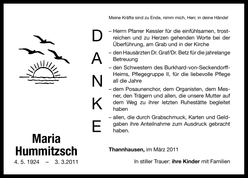  Traueranzeige für Maria Hummitzsch vom 19.03.2011 aus Nürnberger Nachrichten