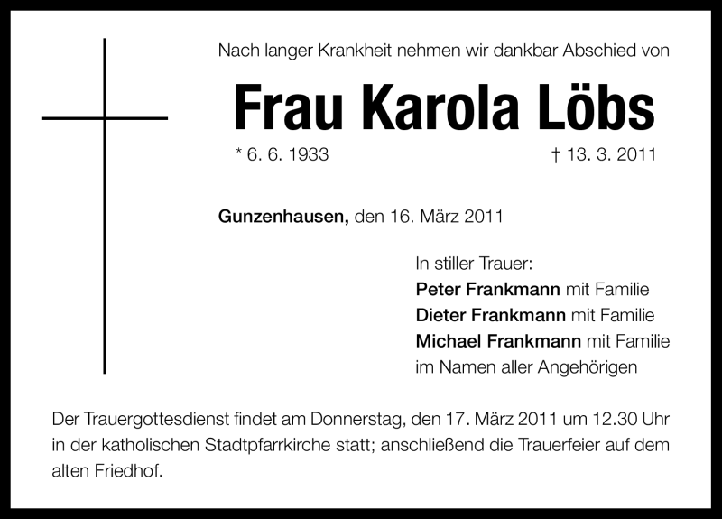  Traueranzeige für Karola Löbs vom 16.03.2011 aus Nürnberger Nachrichten