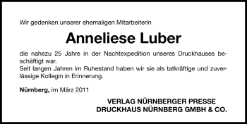 Traueranzeige von Anneliese Luber von Nürnberger Nachrichten