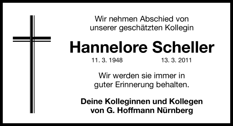  Traueranzeige für Hannelore Scheller vom 17.03.2011 aus Nürnberger Nachrichten