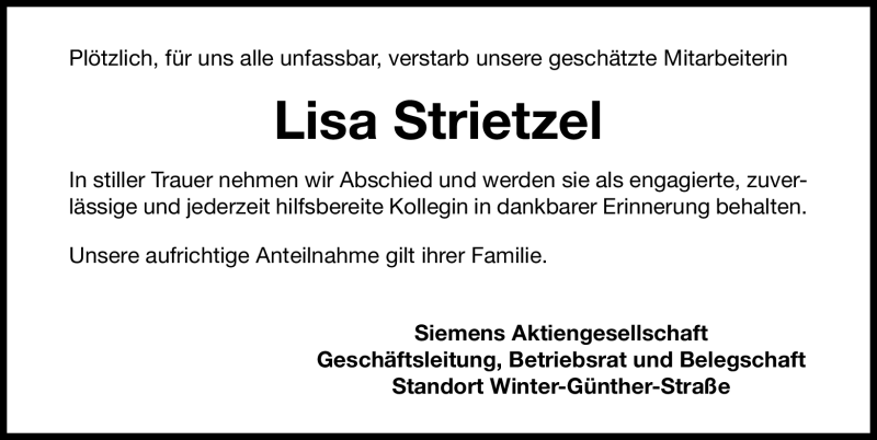  Traueranzeige für Lisa Strietzel vom 18.03.2011 aus Nürnberger Nachrichten
