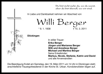 Traueranzeige von Willi Berger von Nürnberger Nachrichten
