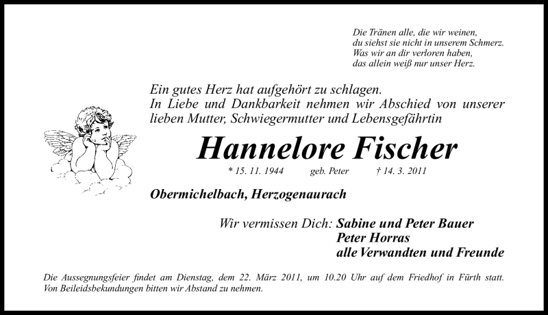  Traueranzeige für Hannelore Fischer vom 17.03.2011 aus Nürnberger Nachrichten