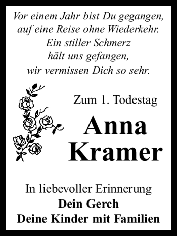Traueranzeige von Anna Kramer von Nürnberger Nachrichten