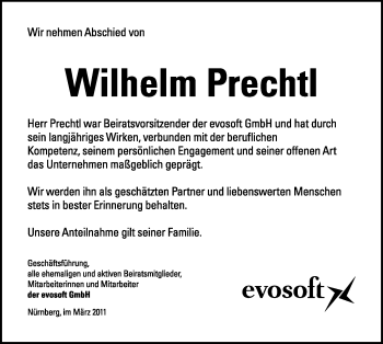 Traueranzeige von Wilhelm Prechtl von Nürnberger Nachrichten