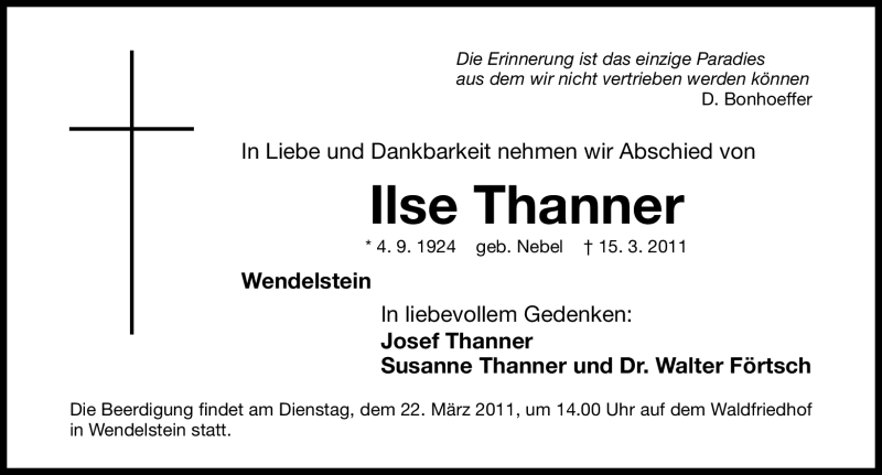  Traueranzeige für Ilse Thanner vom 18.03.2011 aus Nürnberger Nachrichten