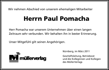 Traueranzeige von Paul Pomacha von Nürnberger Nachrichten
