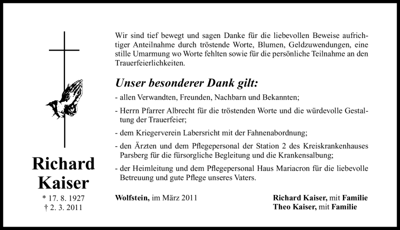  Traueranzeige für Richard Kaiser vom 19.03.2011 aus Nürnberger Nachrichten