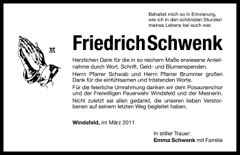 Traueranzeige von Friedrich Schwenk von Nürnberger Nachrichten