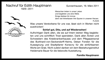 Traueranzeige von Edith Hauptmann von Nürnberger Nachrichten