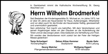 Traueranzeige von Wilhelm Brodmerkel von Nürnberger Nachrichten