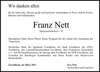 Traueranzeige von Franz Nett von Nürnberger Nachrichten