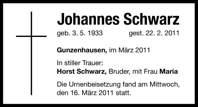  Traueranzeige für Johannes Schwarz vom 21.03.2011 aus Nürnberger Nachrichten