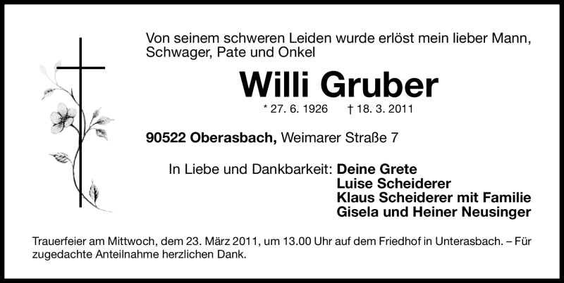 Traueranzeige für Willi Gruber vom 22.03.2011 aus Nürnberger Nachrichten