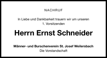 Traueranzeige von Ernst Schneider von Nürnberger Nachrichten