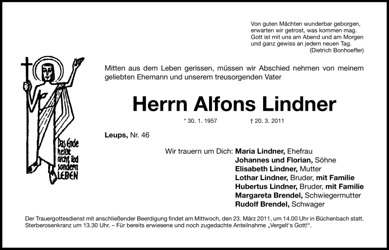  Traueranzeige für Alfons Lindner vom 22.03.2011 aus Nürnberger Nachrichten