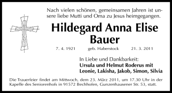 Traueranzeige von Hildegard Anna Elise Bauer von Nürnberger Nachrichten