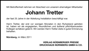 Traueranzeige von Johann Tretter von Nürnberger Nachrichten