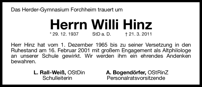  Traueranzeige für Willi Hinz vom 23.03.2011 aus Nürnberger Nachrichten
