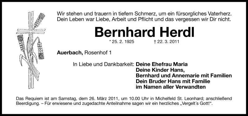  Traueranzeige für Bernhard Herdl vom 23.03.2011 aus Nürnberger Nachrichten