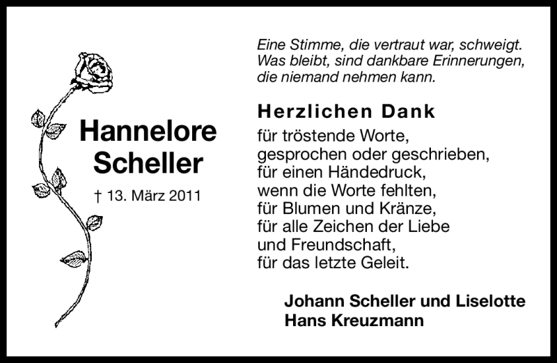  Traueranzeige für Hannelore Scheller vom 26.03.2011 aus Nürnberger Nachrichten