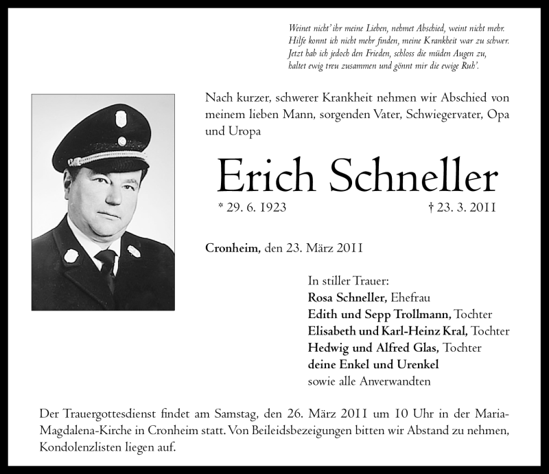  Traueranzeige für Erich Schneller vom 24.03.2011 aus Nürnberger Nachrichten