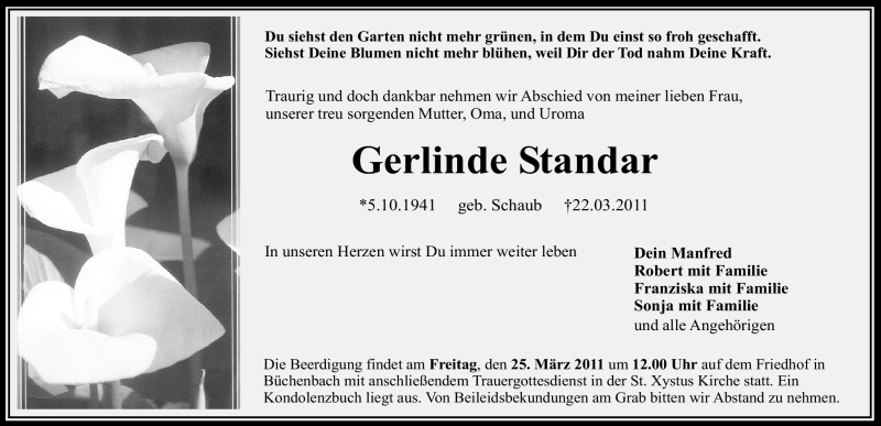  Traueranzeige für Gerlinde Standar vom 24.03.2011 aus Nürnberger Nachrichten