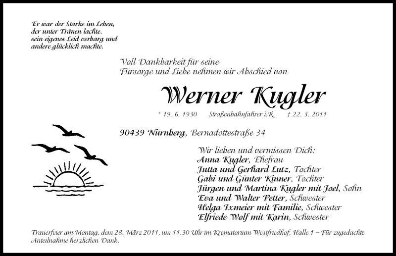  Traueranzeige für Werner Kugler vom 26.03.2011 aus Nürnberger Nachrichten